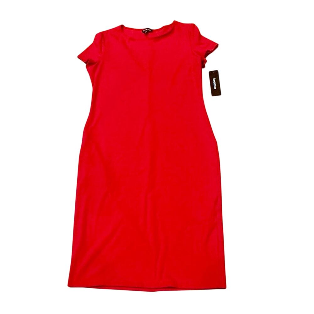 NWT Bebe short sleeve Midi Dress Red Large Ribbed Tshirt crew neck stretch USA
